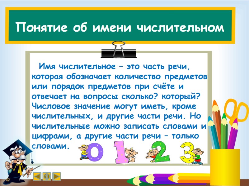 Понятие об имени числительном   Имя числительное – это часть речи, которая обозначает